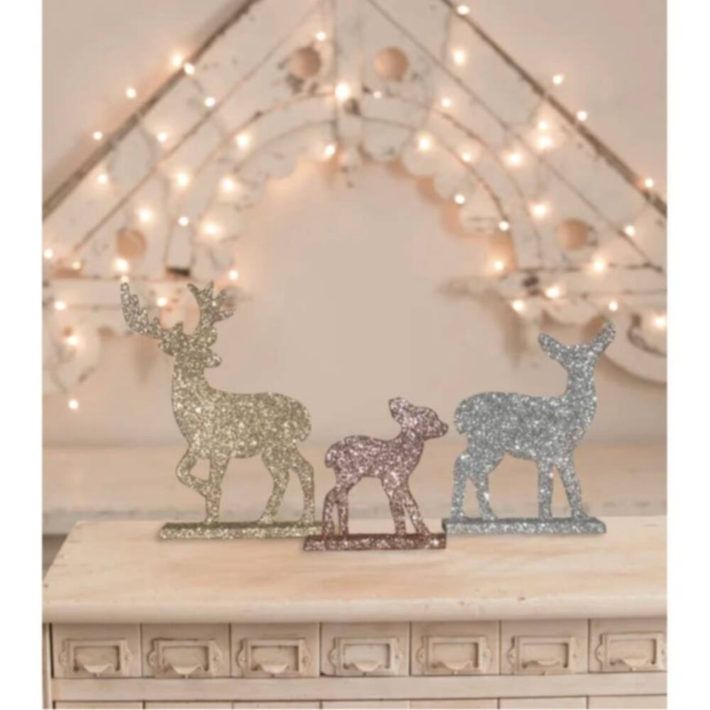 Bethany Lowe Set of 3 Metallic Deer Family Gold Silver Copper Glitter Signs New